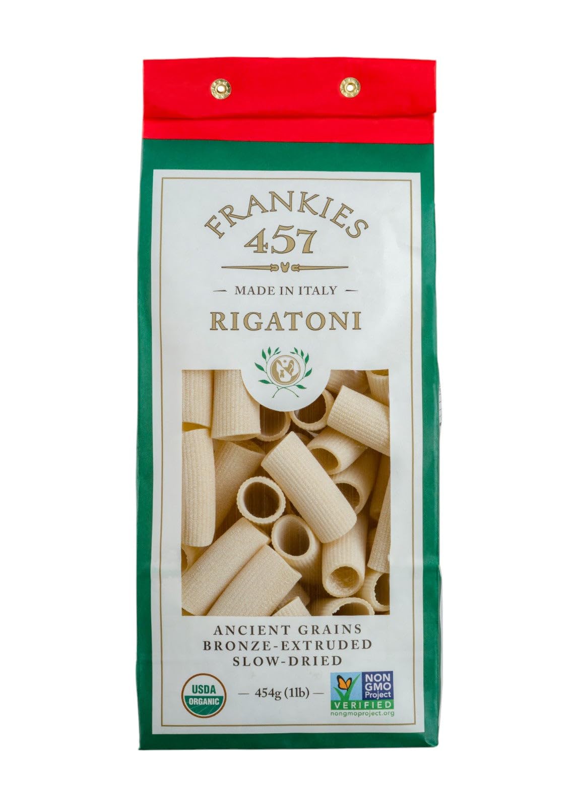 Frankies 457 Artisanal Rigatoni Pasta - Authentic Enhanced Italian Handcrafted Pasta - Imported From Italy - Non Gmo Verified - Usda Organic Certified - 16 Ounce (1 Lb)