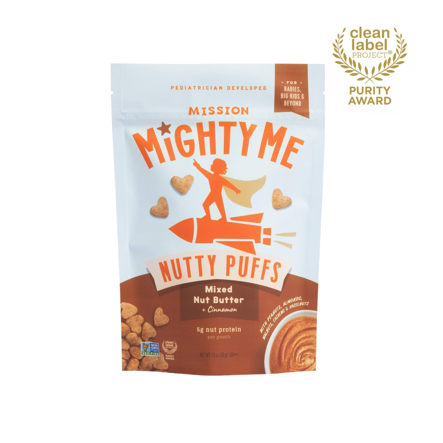 Mission Mighty Me Nutty Puffs Mixed Nut Butter Puffs for Babies + Kids - Pediatrician Developed - USDA Organic Peanut and Tree N