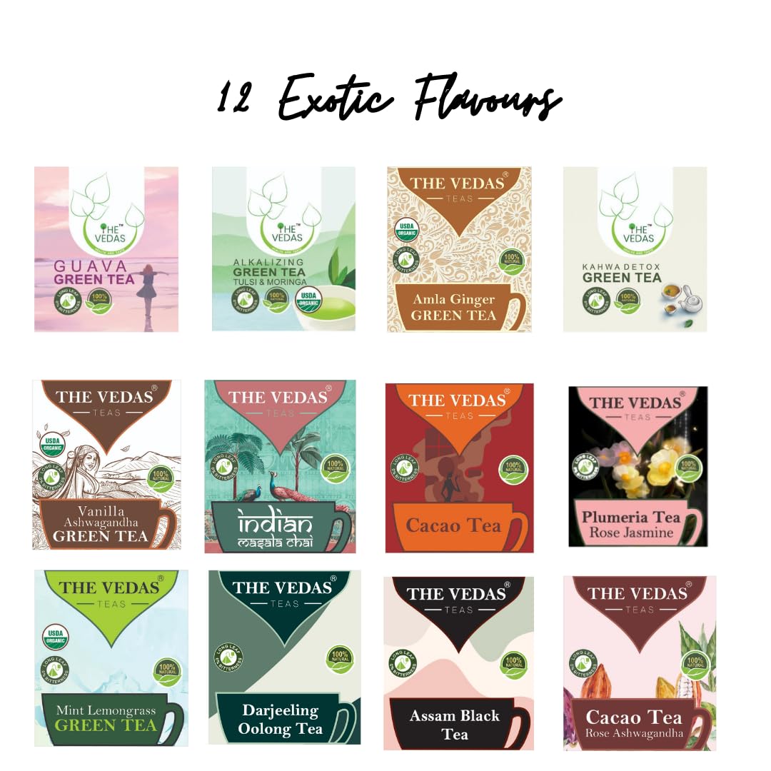 The Vedas Book Of Tea Gift Set | Assorted Tea Bags Gift Box | 12 Exotic Herbal Tea Blends | 4 Units Of Each Variety, Net 48 | Be
