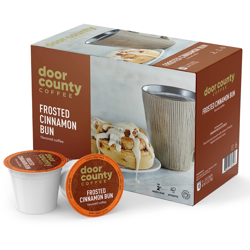 Door County Coffee Frosted Cinnamon Buns Flavored Coffee Ground | 10 Count Single Serve Cups | Medium Roast | 100% Specialty Ara