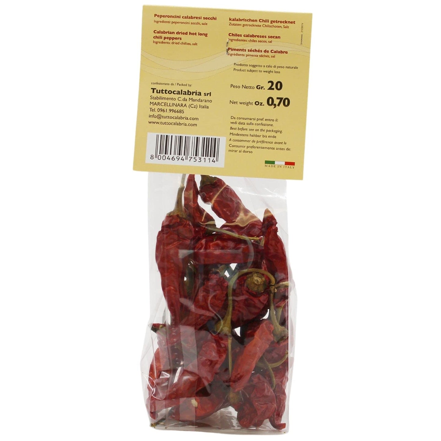 Tuttocalabria Dried Whole Calabrian Chili Peppers, Dry Peppers On Stem, Great For Cooking Or Decoration, All Natural, Non-Gmo, Product Of Italy, 20 Gram