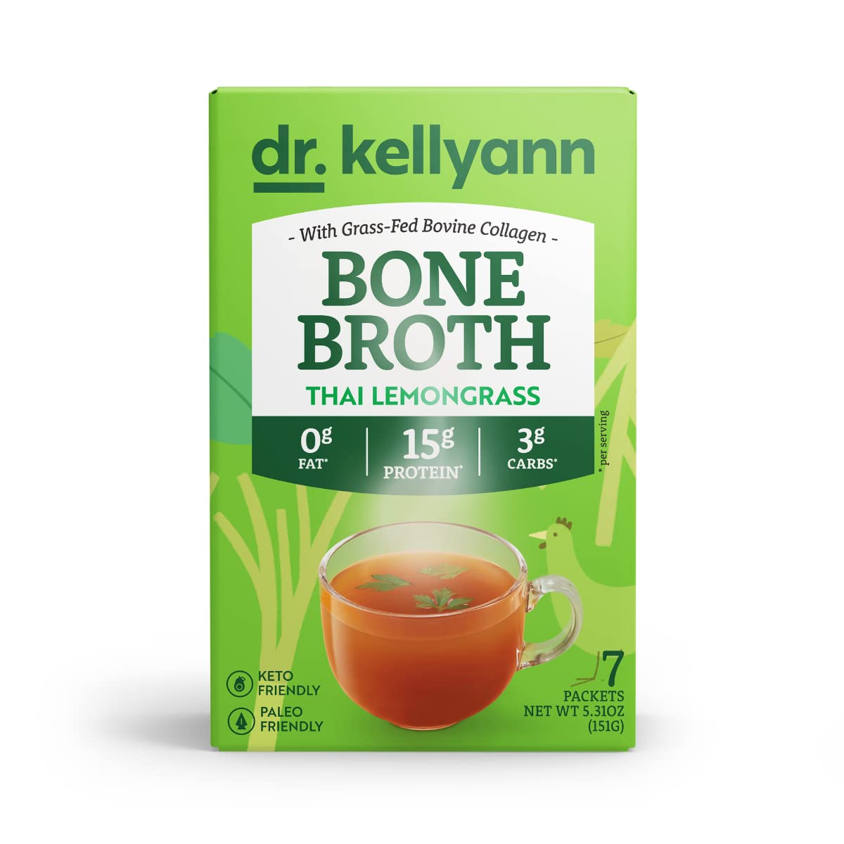 Dr. Kellyann Thai Lemongrass Bone Broth Packets (7 Servings) - 16G Protein, Grass-Fed Hydrolyzed Collagen, Keto & Paleo-Friendly