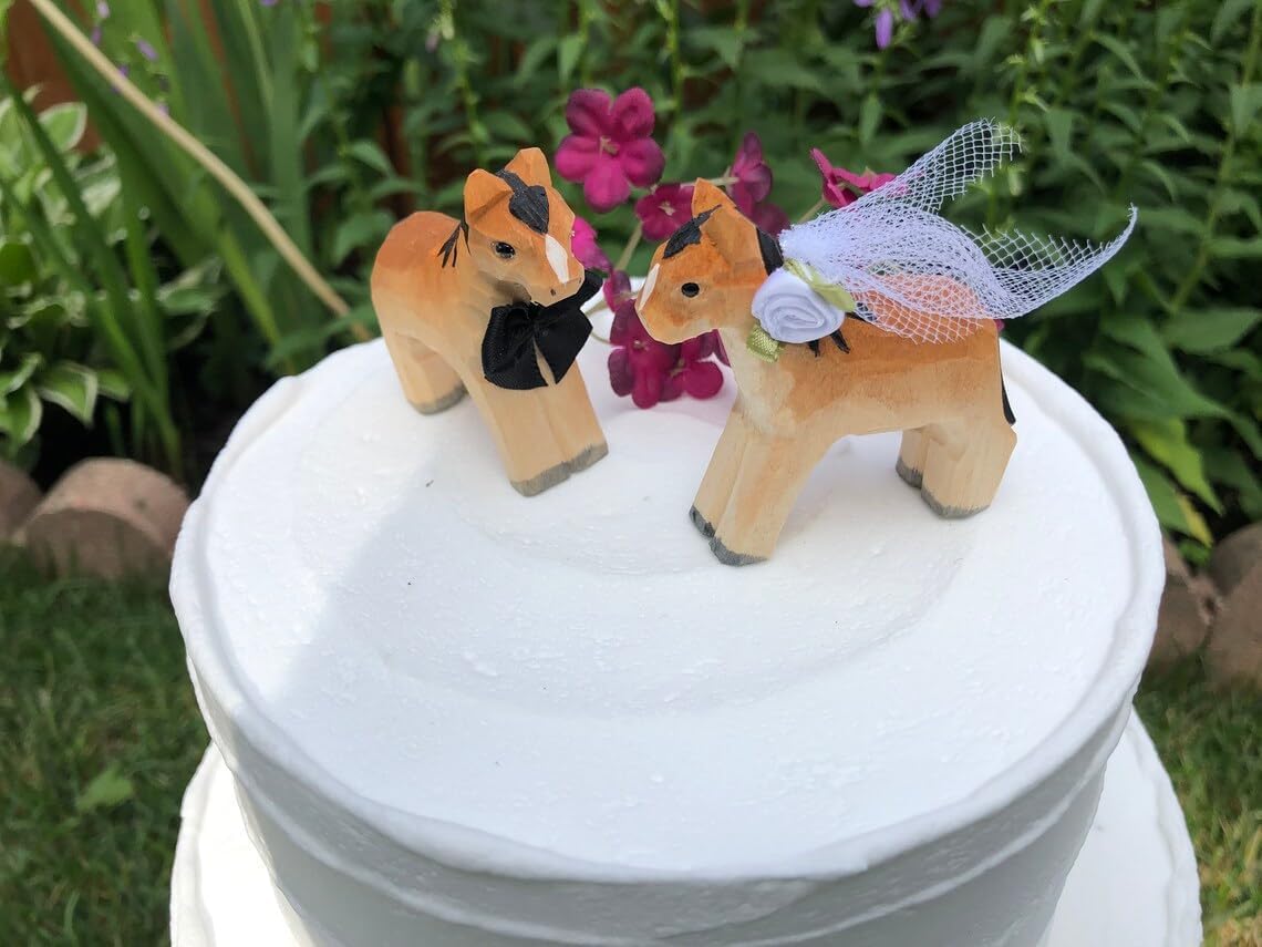 Selsela Horse Pony Cake Topper, Carved Wood, Brown, Bride & Groom, Kentucky Barn Wedding