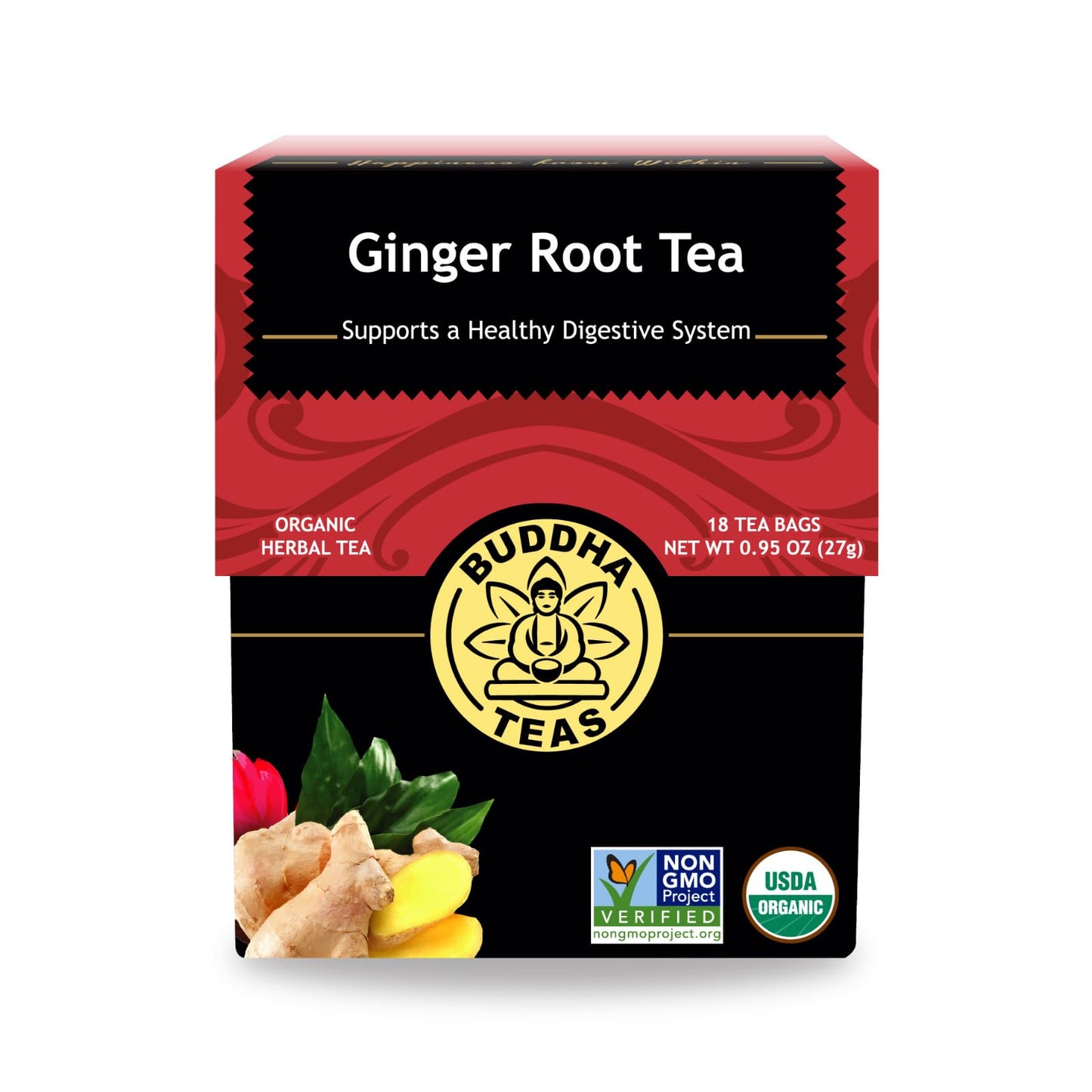 Buddha Teas Organic Ginger Root Tea - Caffeine-Free, Kosher - 18 Bleach-Free Tea Bags - 18 Count
