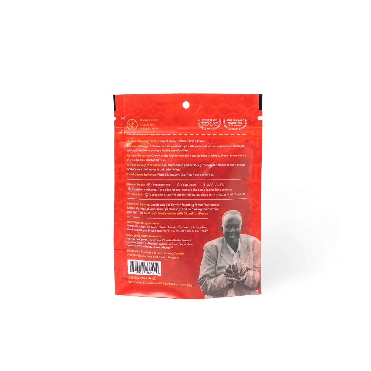 JusTea African Chai Loose Leaf Black Tea - 3.5oz Recyclable Pouch, Medium Caffeine, Fair Trade, Non-GMO, 40+ Cups
