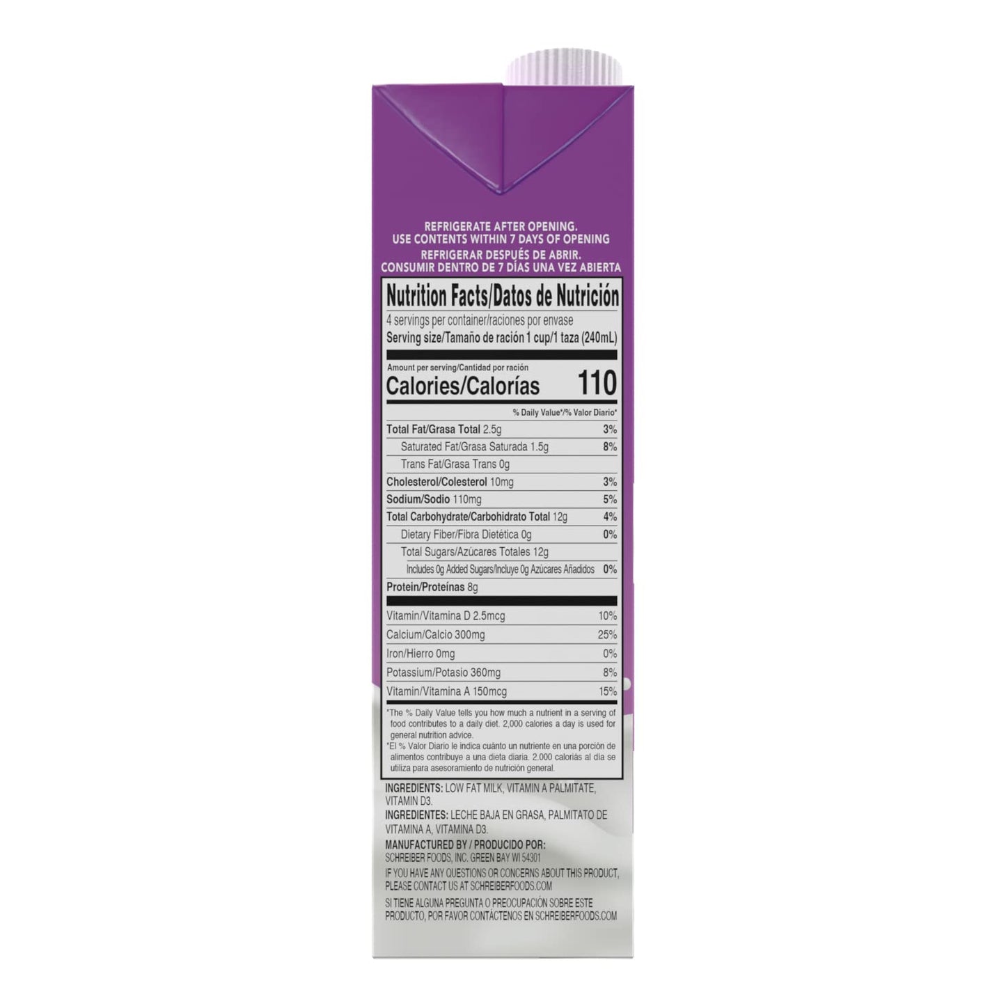 Schreiber Milk 1%, Shelf Stable Milk, Low Fat With Vitamin A & D, 32 Oz (6 Pack)