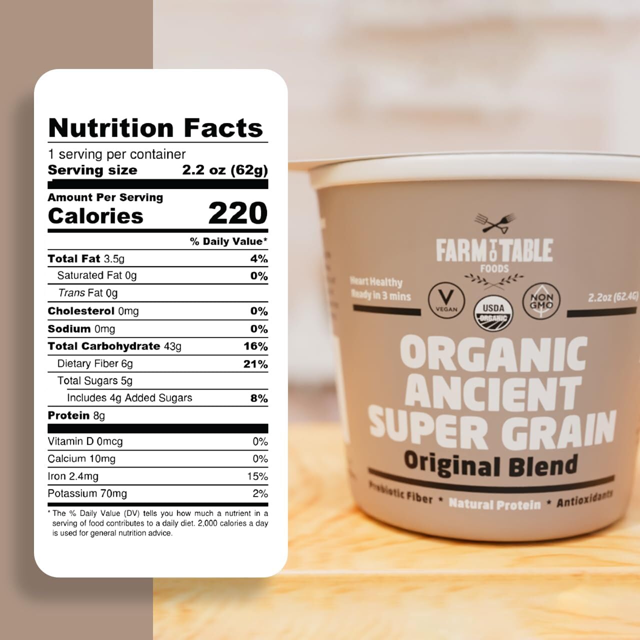 Farm To Table Foods Organic Ancient Super Grain Oatmeal Individual Serving Cups, Original Blend - High Protein, Non-Gmo, 12 Pack