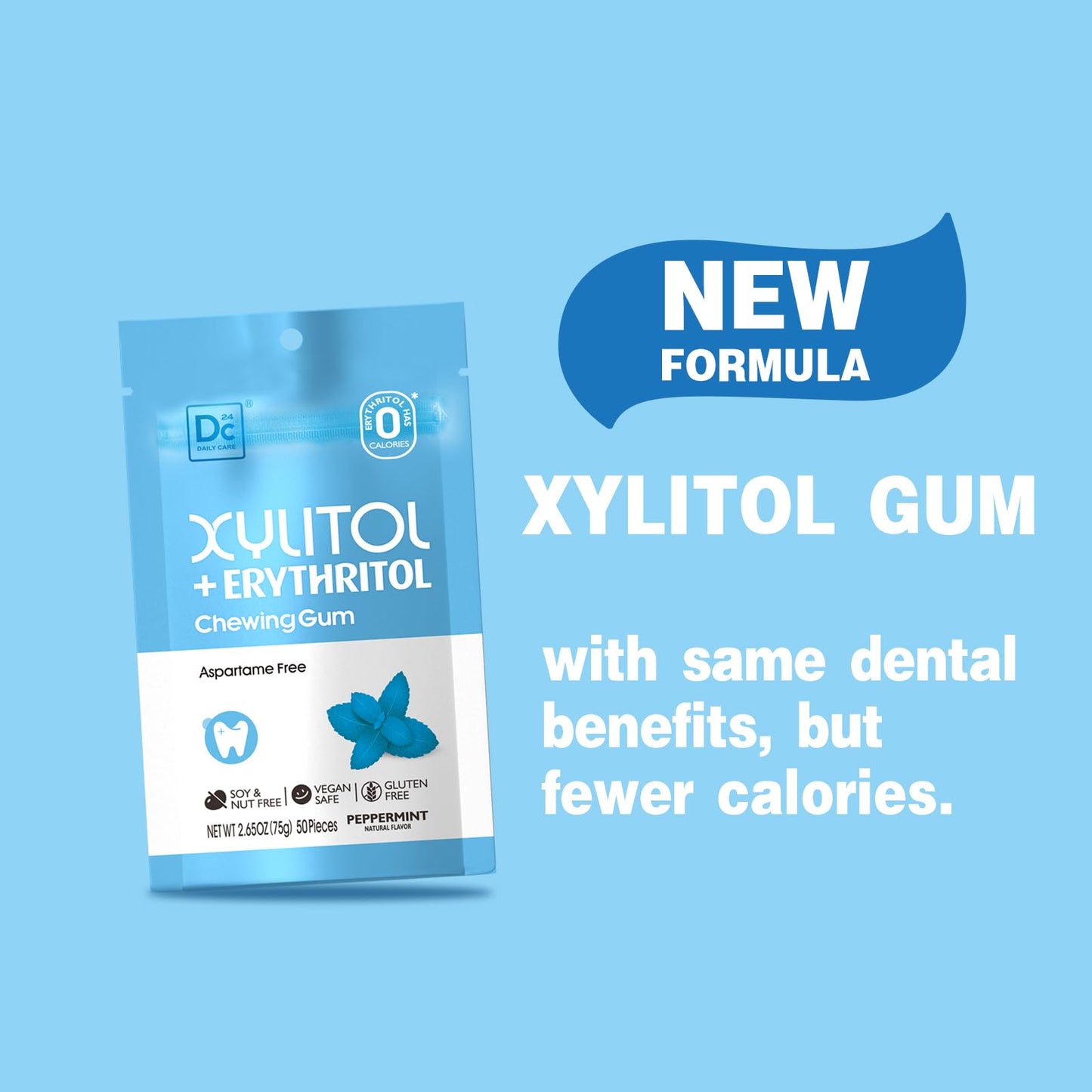 DC24 DAILY CARE Sugar Free Xylitol Chewing Gum, Natural Peppermint, 150 Count (Pack of 3), Aspartame Free, Low-Calorie, White