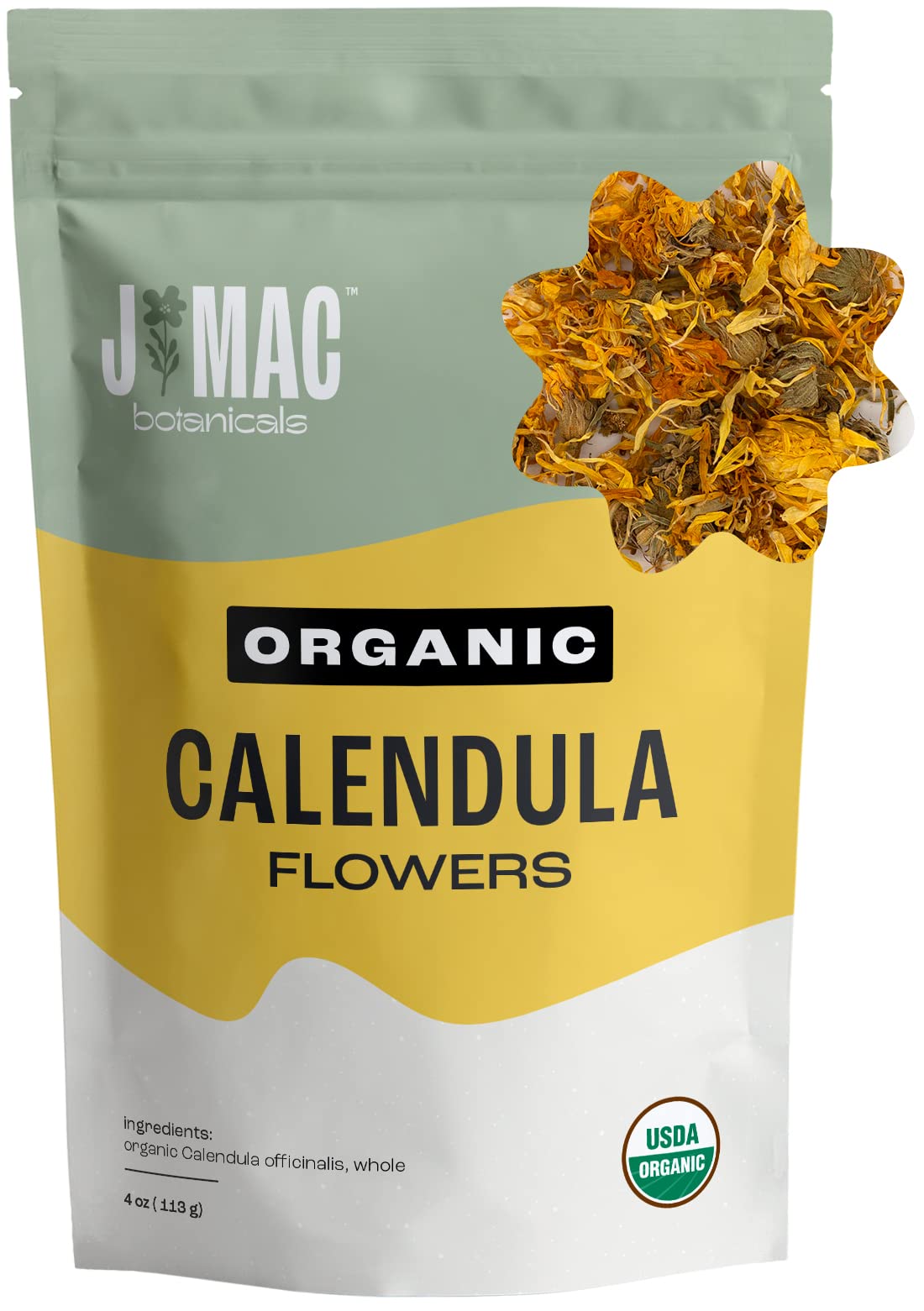 J MAC BOTANICALS Organic Calendula Flower, Whole Dried Flowers, 4 Ounce