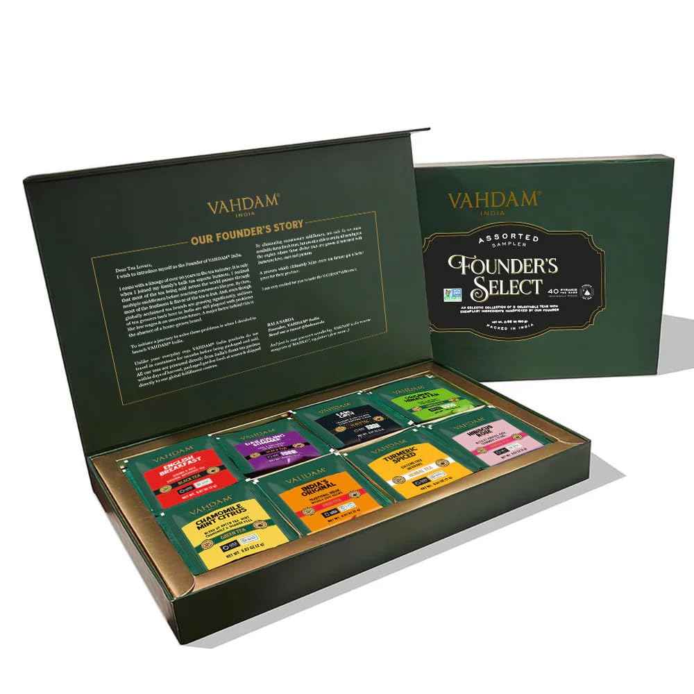 Vahdam, Founder'S Select - Assorted Tea In Presentation Box - 8 Flavors, 40 Pyramid Tea Bags | Long Leaf Pyramid Tea Variety Pac