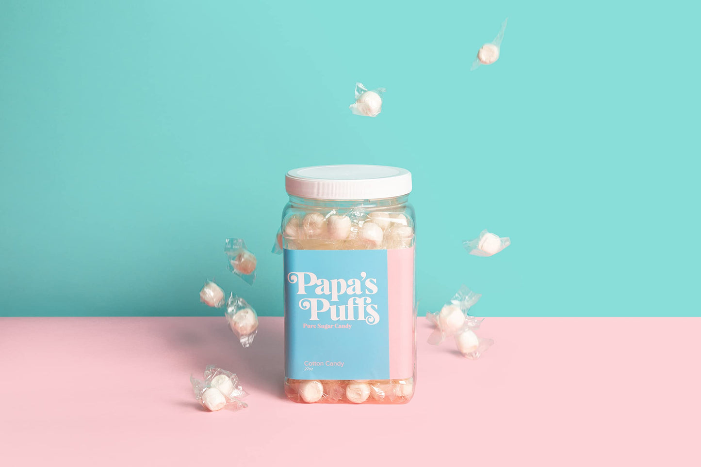 PAPAS PUFFS Cotton Candy Flavored Sugar Candy - Fat-Free, Gluten-Free, 1.68 lb, White, Individually Wrapped in Resealable Tub