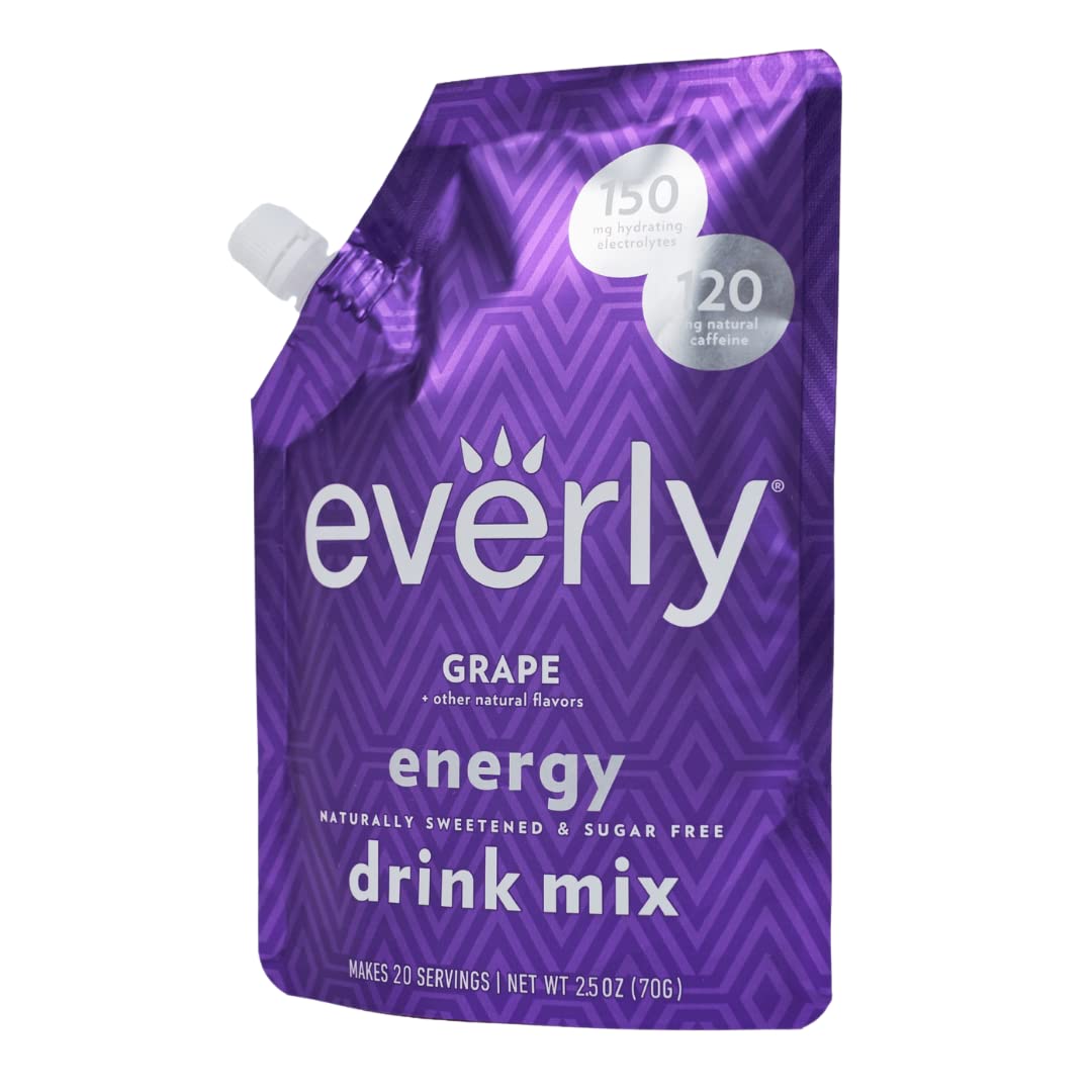 Everly Grape Energy Drink Mix - Sugar Free, Organic Caffeine, 2.5 oz Pouch, Keto Friendly, Water Flavor Enhancer, 20 Servings