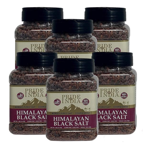 Pride Of India Himalayan Black Salt, Coarse Grind, 1 lb Jar (Pack of 6) - 84+ Minerals for Cooking and Faux Egg Recipes