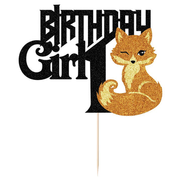 Black Glitter Birthday Girl 1 Cake Topper Animal Fox Theme Decoration,1St Birthday Girl Fall Woodland Forest Animals Cake Decor,