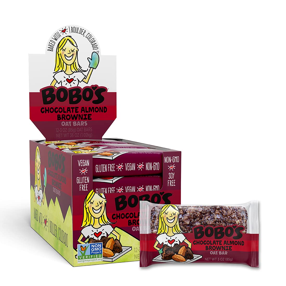 Bobo'S Oat Bars, Gluten Free Bars, Chocolate Almond Brownie, Pack Of 12