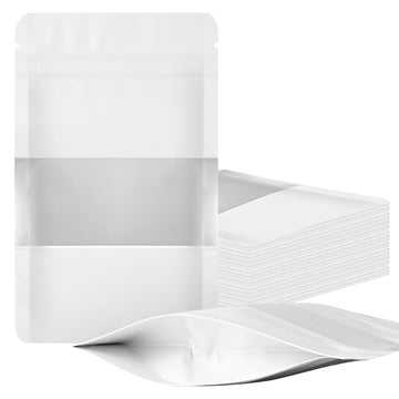 100 Pieces Smell Proof Mylar Bags, Resealable Food Storage Bags With Clear Window, Foil Pouch Stand-Up Bags For Food Self Sealing Storage Supplies (White, 5.3 X 7.8 Inch)