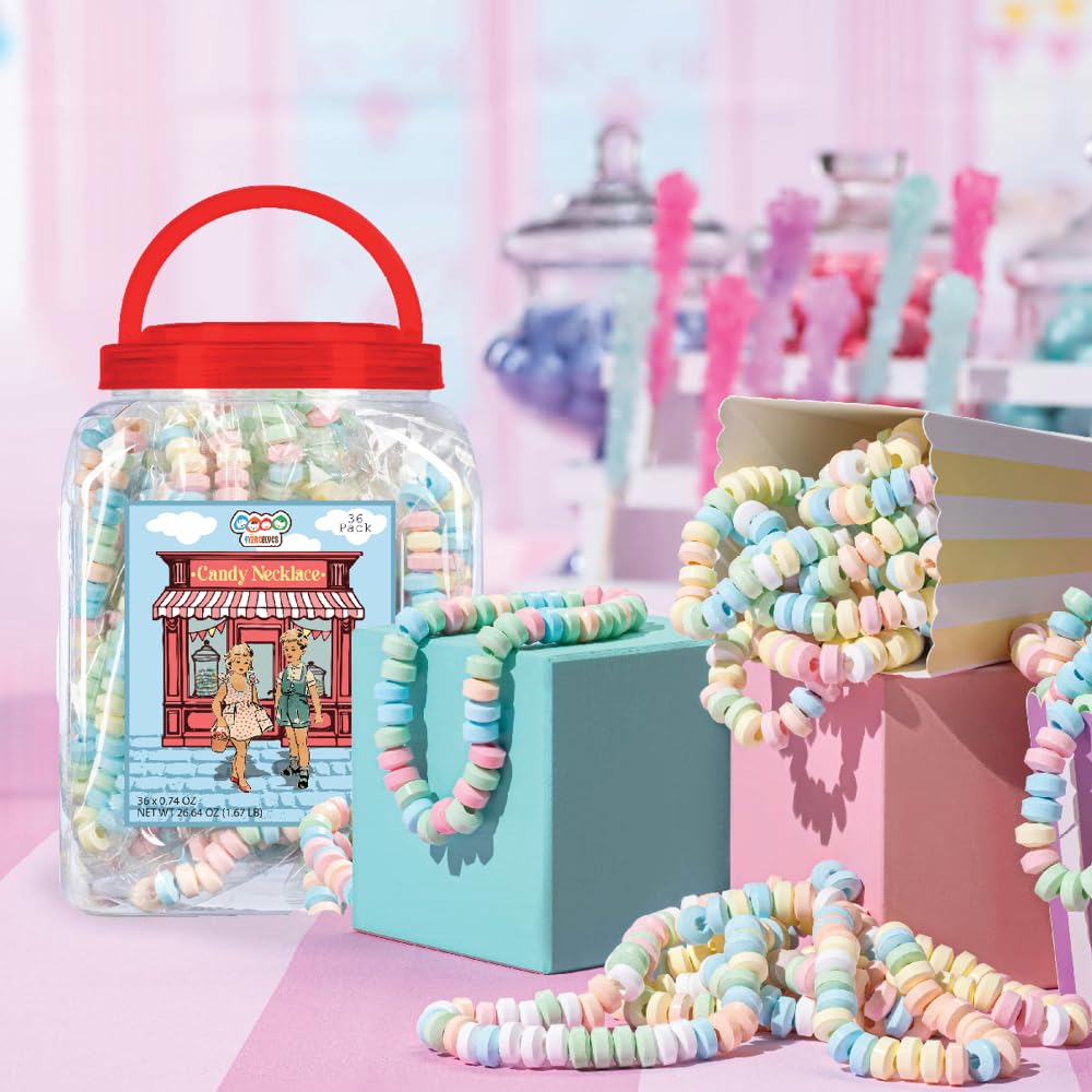 36 Candy Necklaces Individually Wrapped, Choker Style, Nostalgic Pastel Candy Jewelry Perfect for Party Favors, Pinata Fillers a