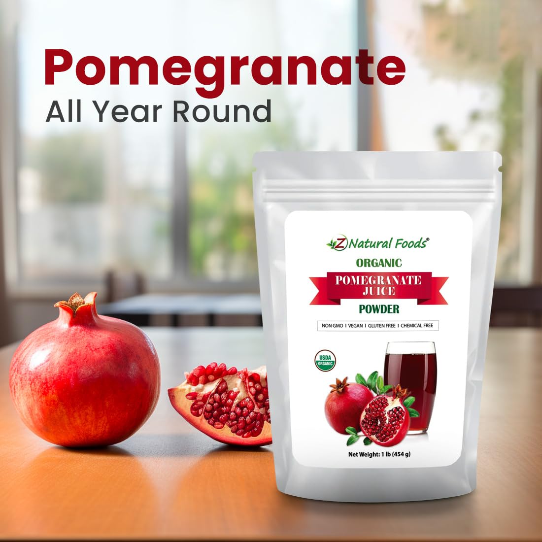 Z Natural Foods Pomegranate Powder - Organic Pomegranate Juice Powder, Pure & Natural Pomegranate Fruit Extract - Nutritious, An