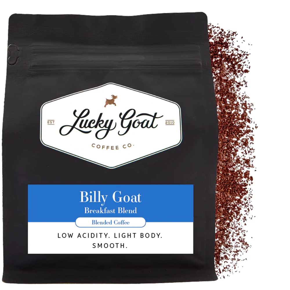 Lucky Goat Breakfast Blend Ground Coffee - Billy Goat - Light Body, Low Acidity, Morning Cup, Smooth And Mild - Medium Roast, 12