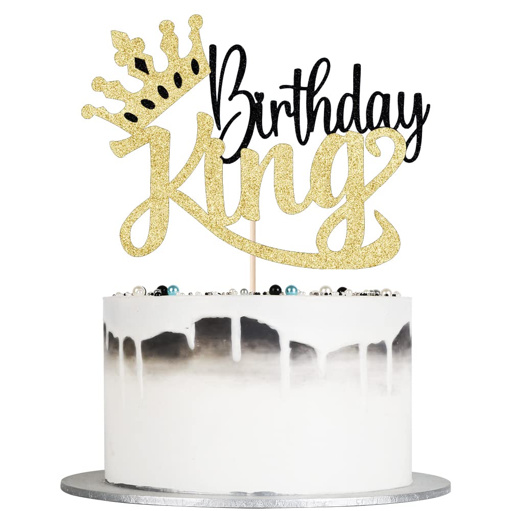 Auteby Birthday Cake Topper, Glitter King Design, Black Gold, Model HL260, for Boys 1st to 50th Birthdays, Gender Reveal Party Decorations