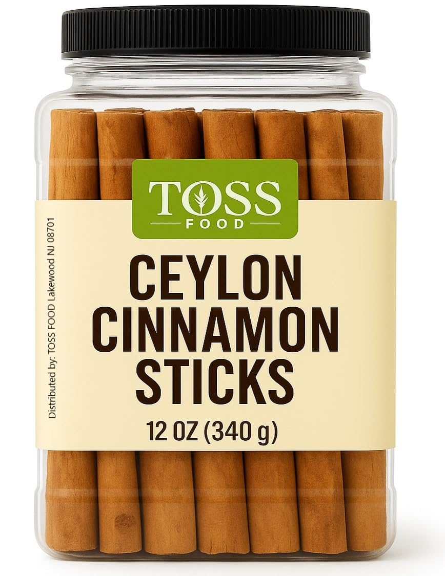 TOSS Ceylon Cinnamon Sticks - Premium Quality Whole Sticks, 5 Inch, 12 oz Jar, Sweet Mild Flavor