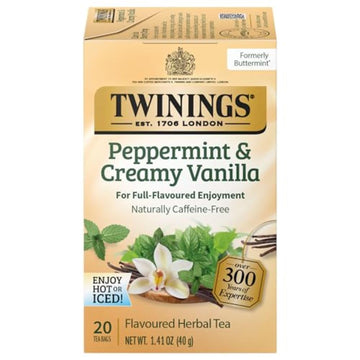 Twinings Peppermint & Creamy Vanilla Herbal Tea Individually Wrapped Bags, 20 Count (Pack Of 6), Formerly Buttermint, Naturally Caffeine-Free, Enjoy Hot Or Iced | Packaging May Vary