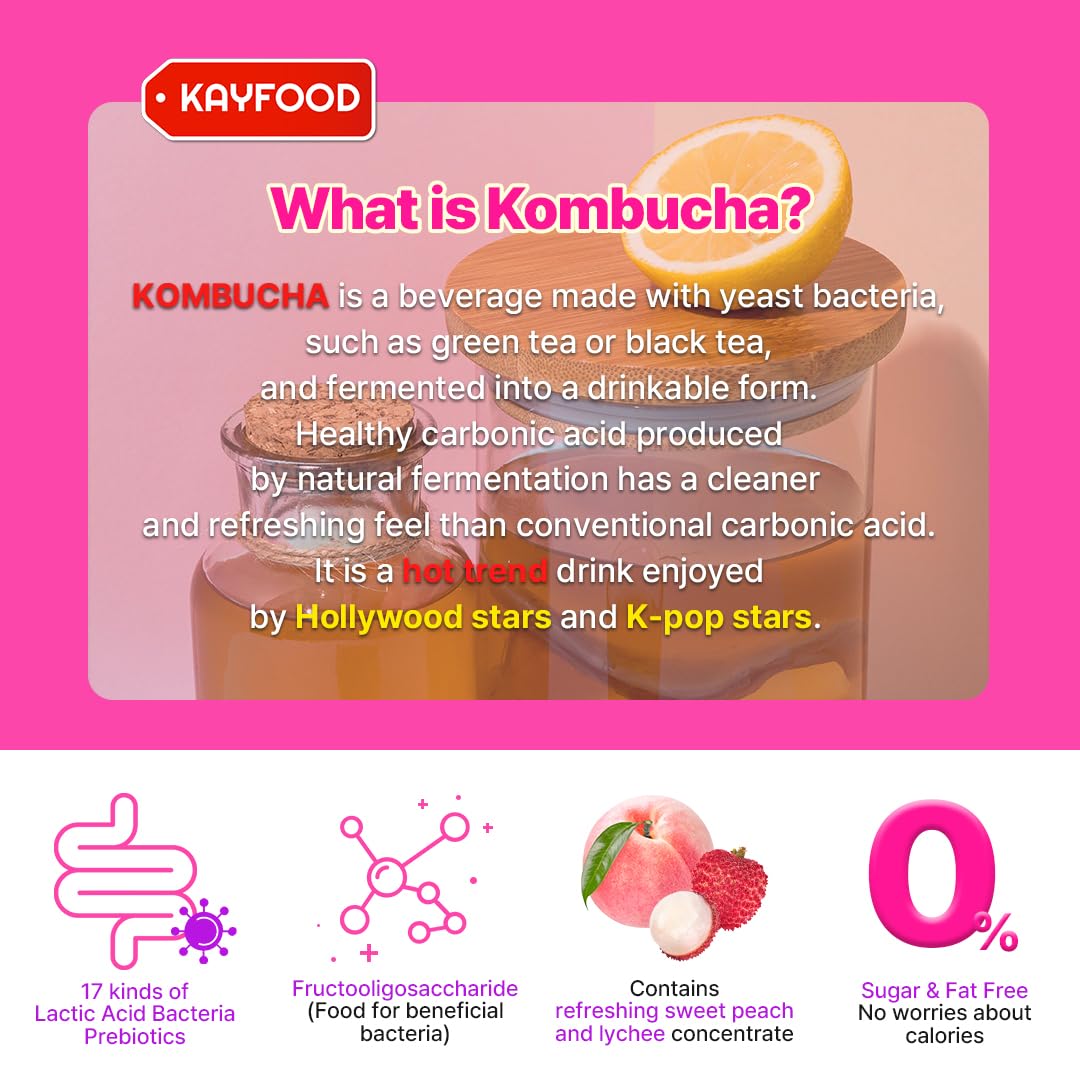 KAYFOOD Kombucha Peach Garden Sparkling Beverage, Zero Sugar, 10 Count (Pack of 1)