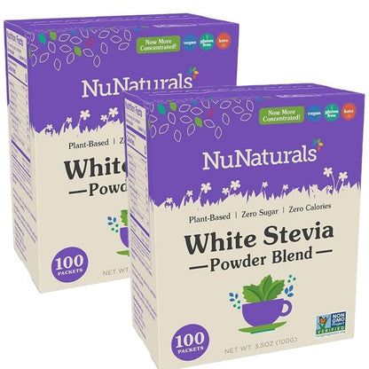 NuNaturals White Stevia Powder Packets, Single-Serve, Zero Calorie Sugar Substitute, 100 count (Pack of 2)
