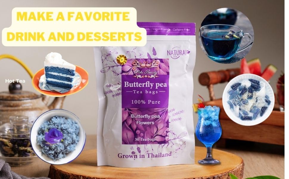 Hida Beauty Butterfly Pea Flower Tea - 30 Teabags, Herbal, Blue Color, Perfect for Drinks and Baking