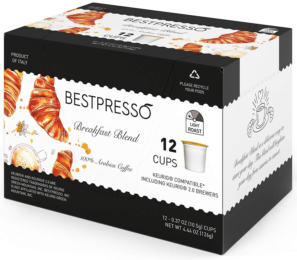 Bestpresso Coffee, Breakfast Blend Light Roast Single Serve K-Cup Pods, 96 Count (Compatible With 2.0 Keurig Malt-Inspired) 8 Packs Of 12 Cups