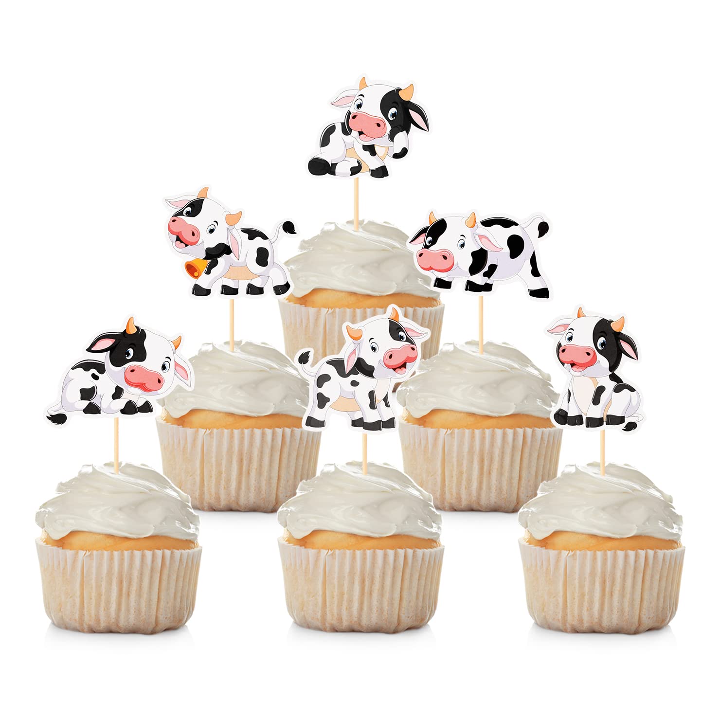 48 Pcs Cow Cupcake Toppers, Moo Cow Cupcake Picks For Farm Animal Theme 1St Birthday Baby Shower Party(B)