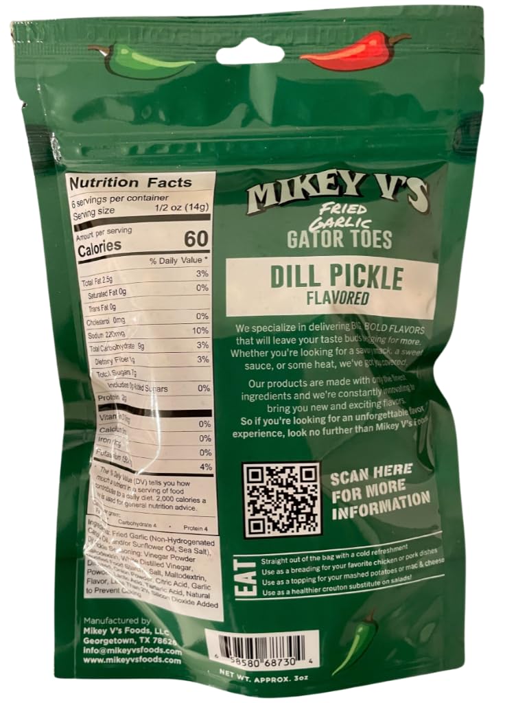 Mikey V'S Dill Pickle ''Gator Toes'', Deep Fried Garlic Snacks, 3.9Oz.