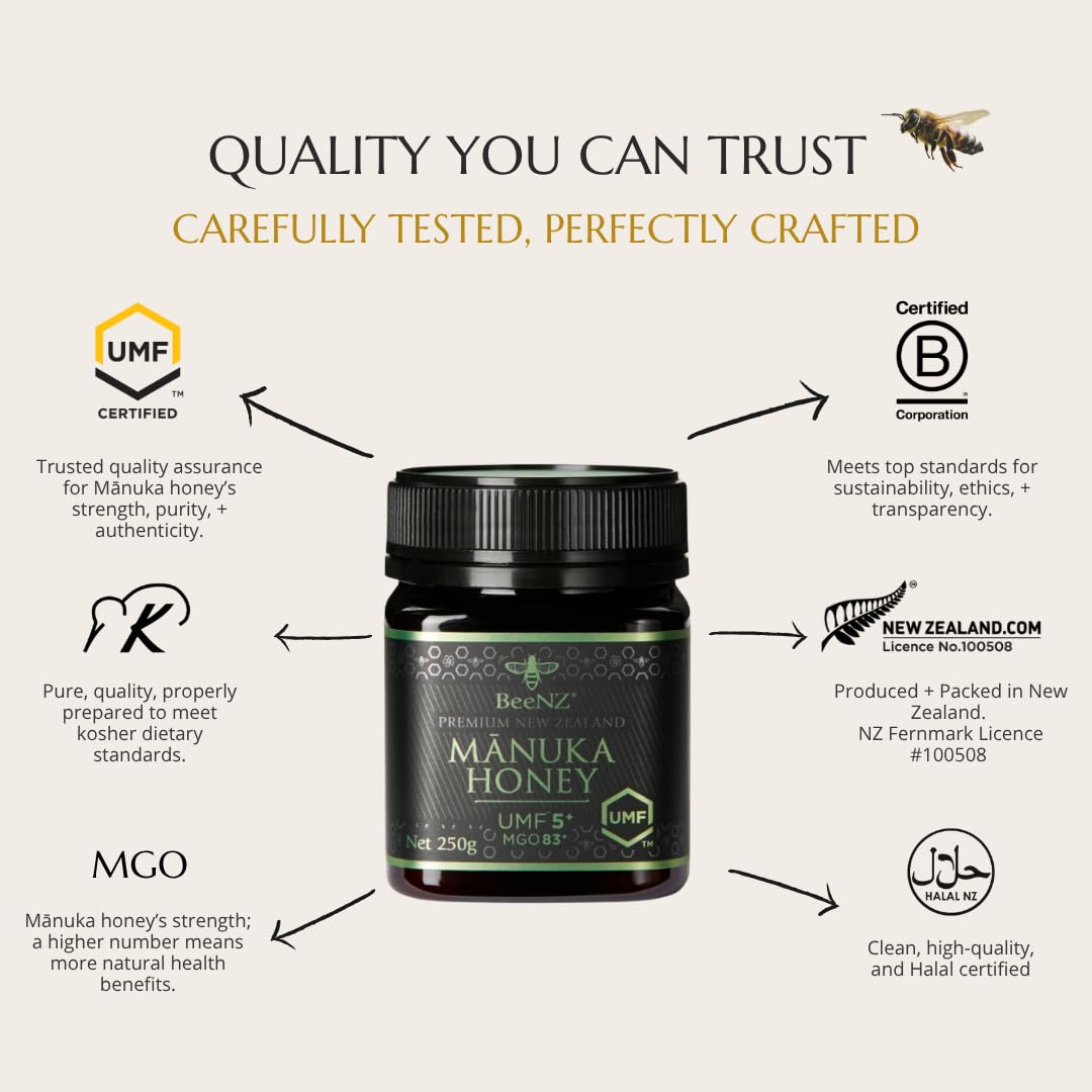 BeeNZ Raw Manuka Honey, Certified UMF 5+ (MGO 83+), Pure New Zealand Monofloral Manuka, Natural Sweetener, Superfood for Daily W