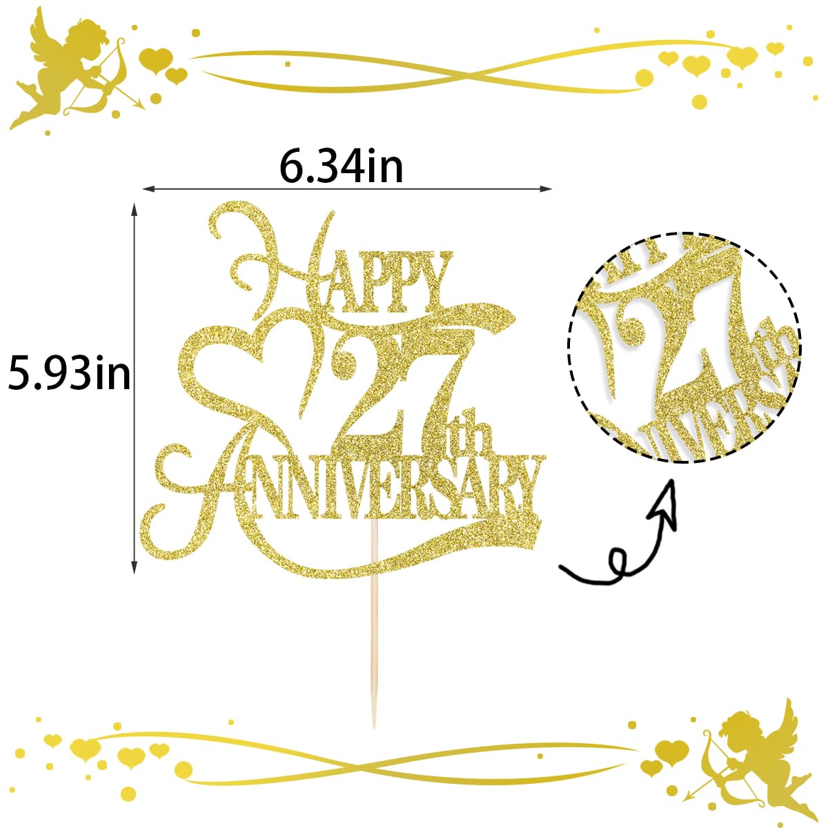 Yetxel Gold Glitter Cake Topper for 27th Anniversary - Paper Decoration, 27th Wedding/Birthday Party, Elegant Design