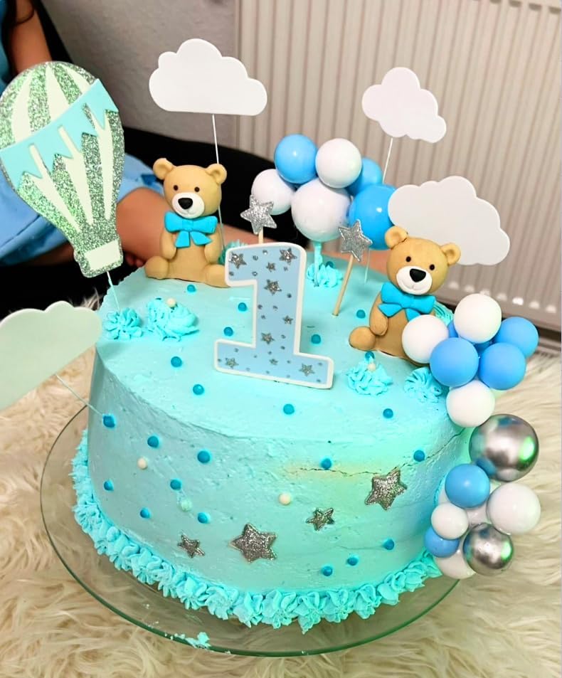 Laventy 17 Pcs Luxury Blue Teddy Bear Cake Decoration Baby Boy Baby Shower Birthday Party Supplies