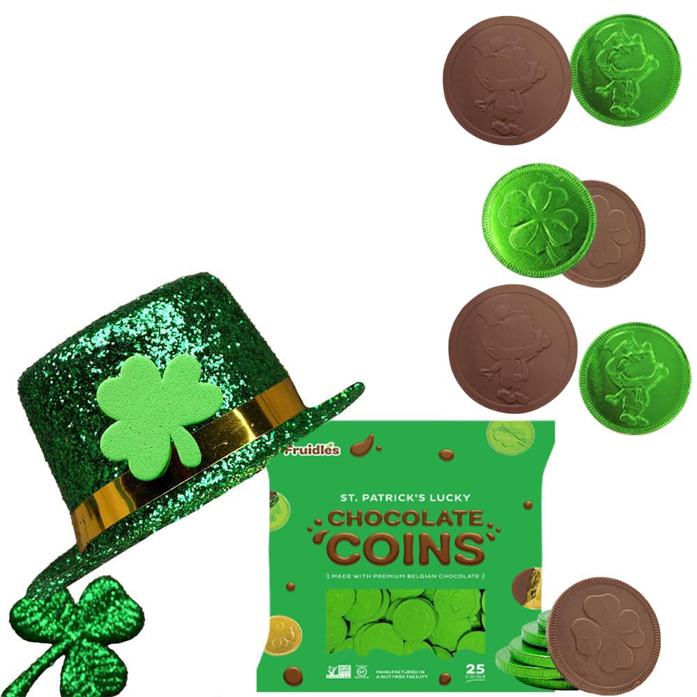 Fruidles Saint Patricks Day Clover Shamrock Green Coins, Nut-Free Candy, Kosher, 25-Pack