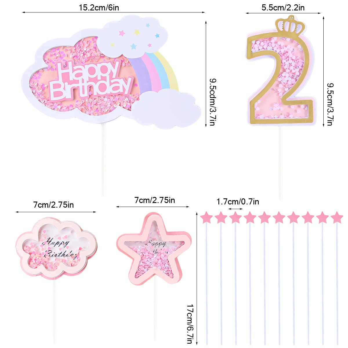 Kawailay Birthday Cake Decoration Set, Rainbow Clouds & Stars, 2nd Birthday Topper, Pink, Model Kawailay-206