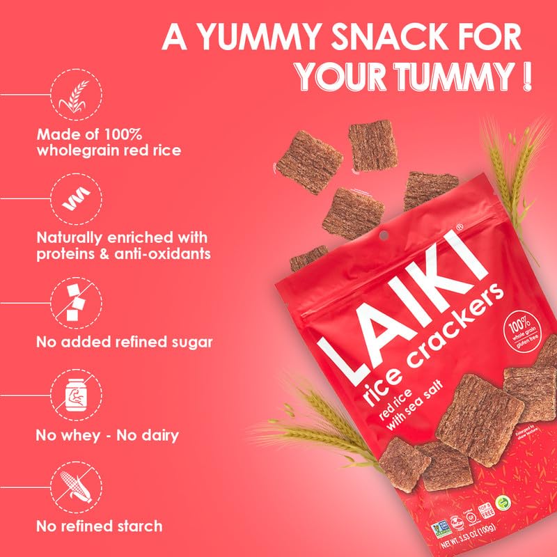 Laiki Gluten Free Rice Crackers, Red Rice, Resealable 3.53 Ounce Bag