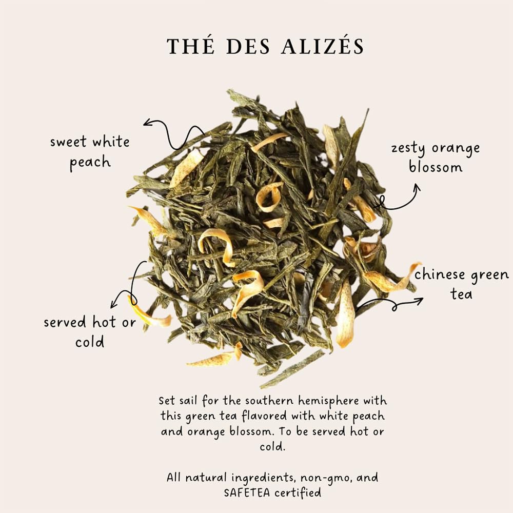 Palais des Thés Alizes Winds Tea - Green Tea with Peach & Orange Blossom - 3.5oz Loose Leaf - Serves 20-25 Cups - Thé des Alizés