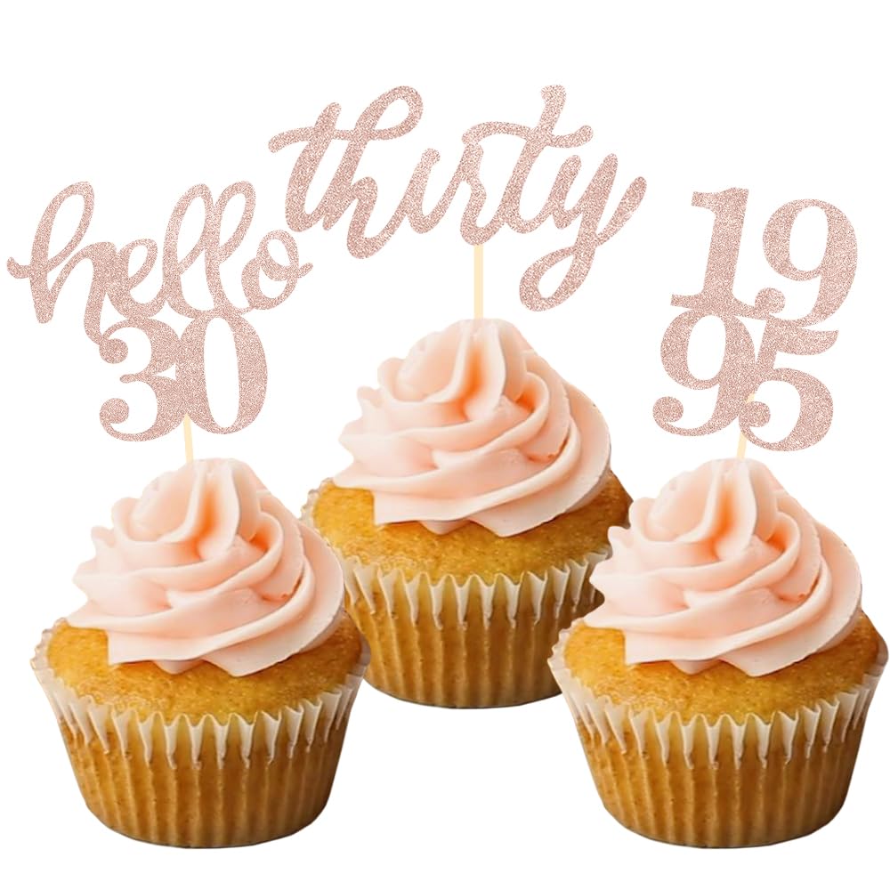 BCHOCKS 24 Pcs Cupcake Toppers Rose Gold Glitter for 30th Birthday Party Decorations