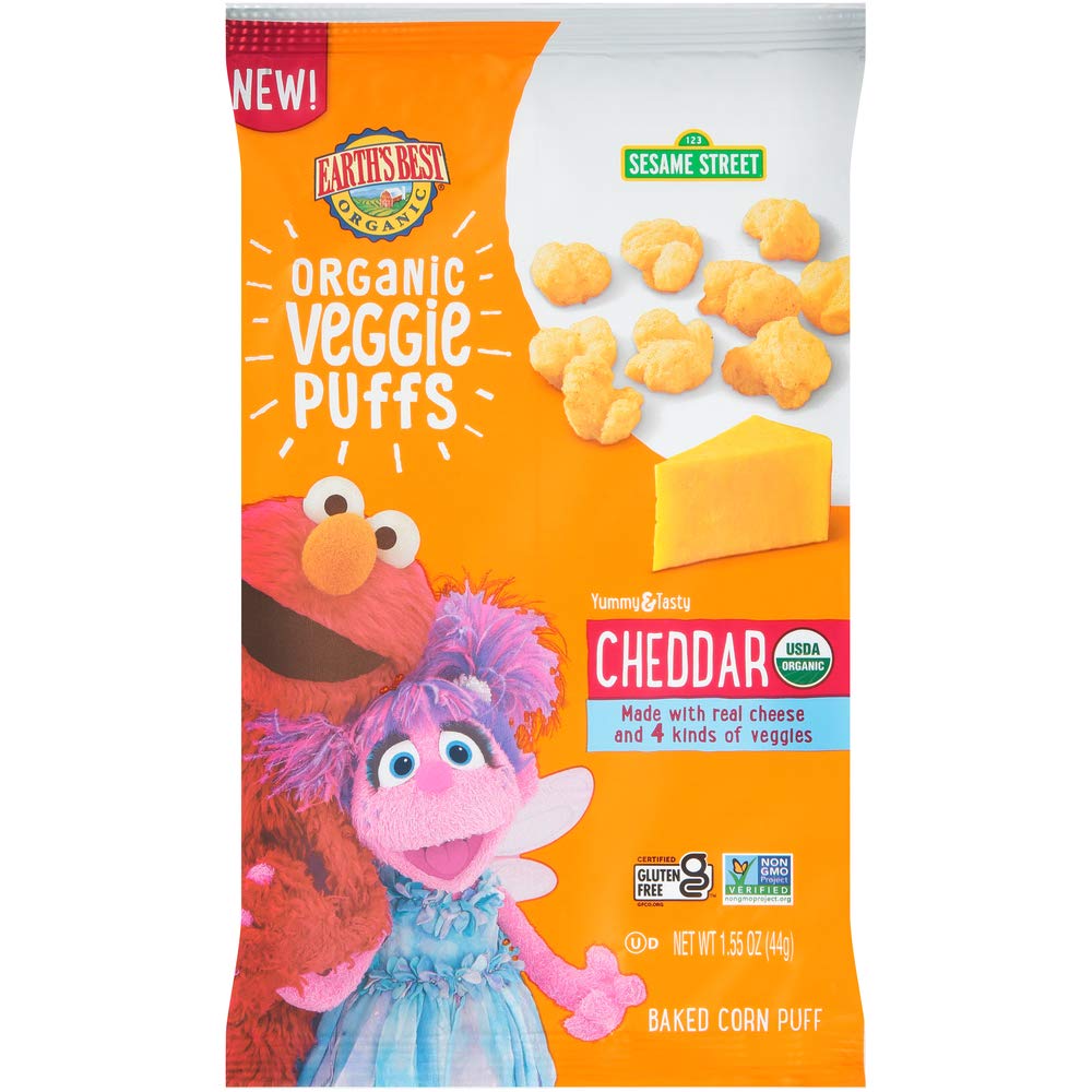 Earth'S Best Organic Kids Snacks, Sesame Street Toddler Snacks, Organic Cheddar Veggie Puffs, Gluten Free Snacks For Kids 2 Year