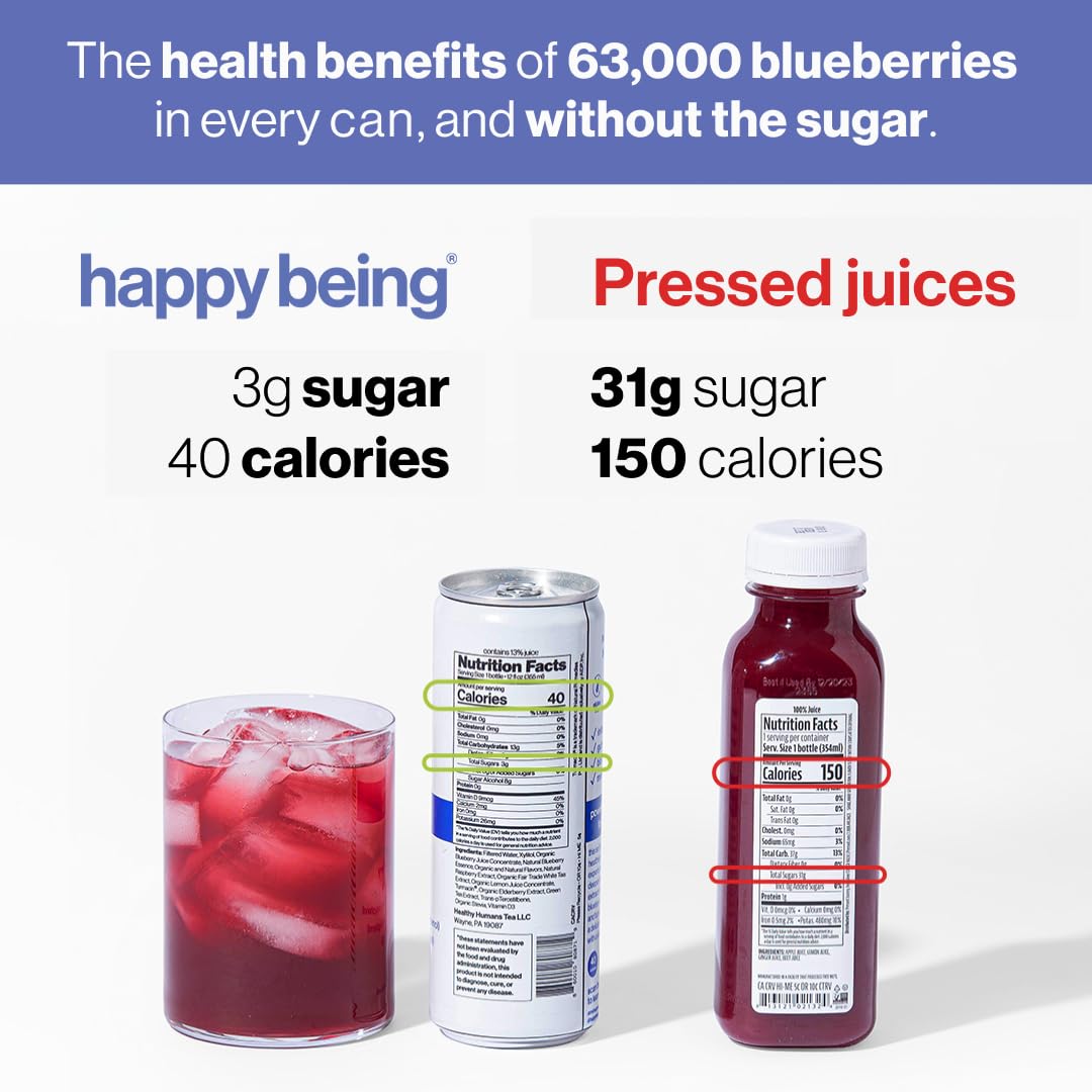 Happy Being Organic Blueberry White Tea, Infused with Turmeric & Elderberry, Caffeine Free, 12oz (4 Pack)