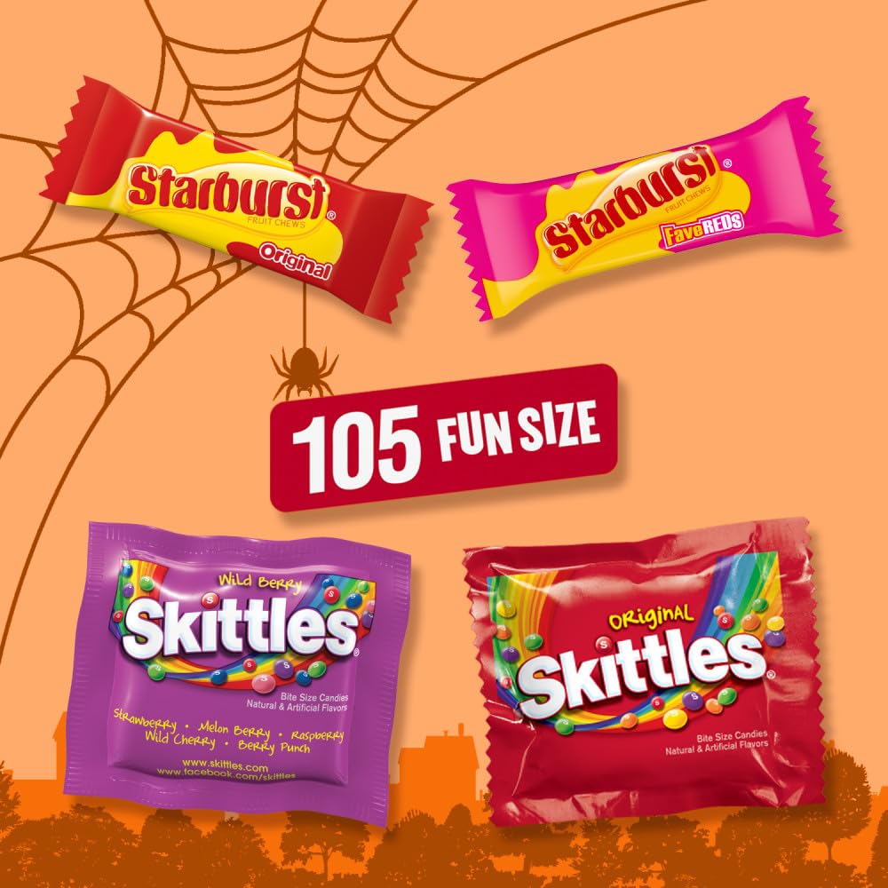 Wrigleys SKITTLES & STARBURST Fun Size Chewy Halloween Candy Variety Pack, 105 Ct Bulk Bag