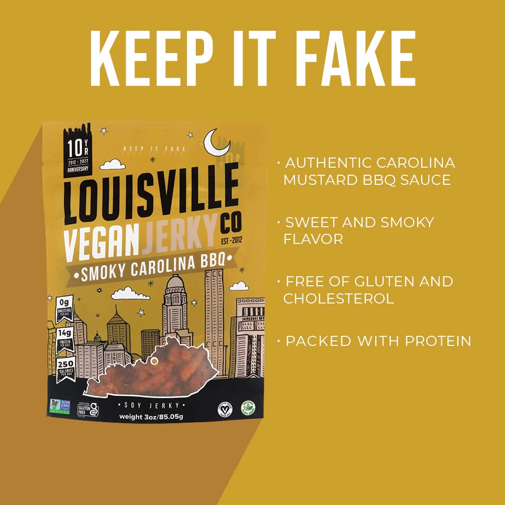 Louisville Vegan Jerky - Sweet & Smoky Carolina Mustard BBQ - Gluten-Free High Protein Snack - 3oz - Yellow