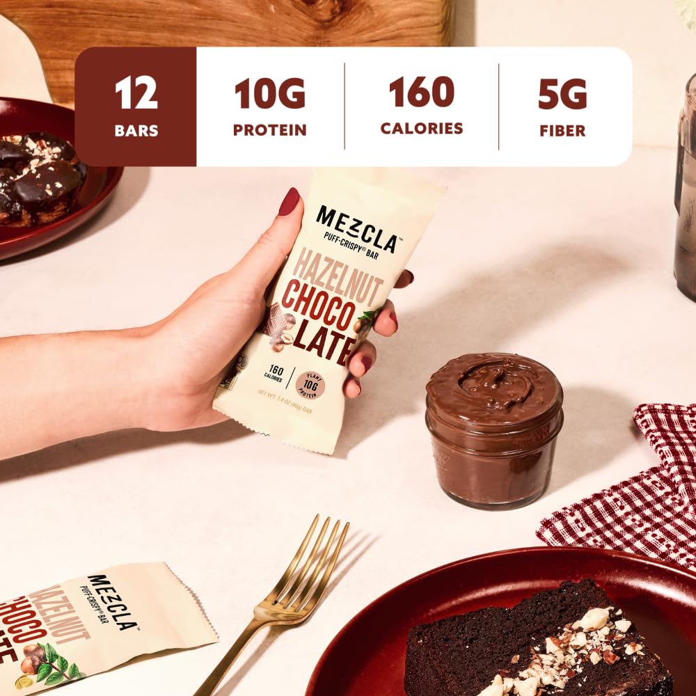 Mezcla Puff Crispy Protein Bars, Gluten Free & Vegan Protein Bars, 10G Protein, Alt For Crispy Rice Treat, Granola Bars & Breakfast Bars, Healthy Snacks For Mature-Themeds, Hazelnut Chocolate, 12 Pack