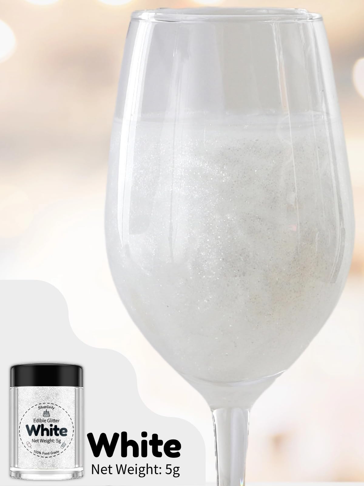 Shanlinly Edible Glitter Dust - White Shimmer Powder for Cakes & Drinks, 5g