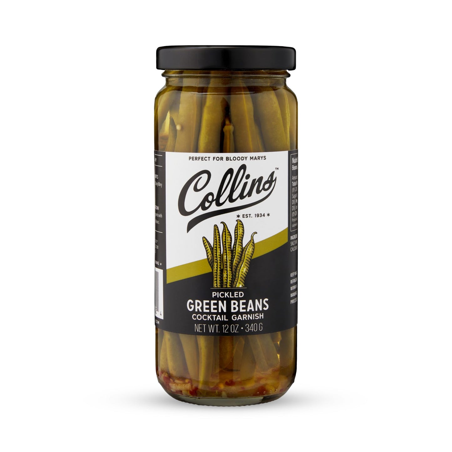 Collins Gourmet Pickled Green Beans For Cocktails - Spicy Crunchy Green Beans - Enhanced Condiment Garnish For Cocktails, Bloody Mary, Antipasto, Condiments, Or Salads - 12Oz