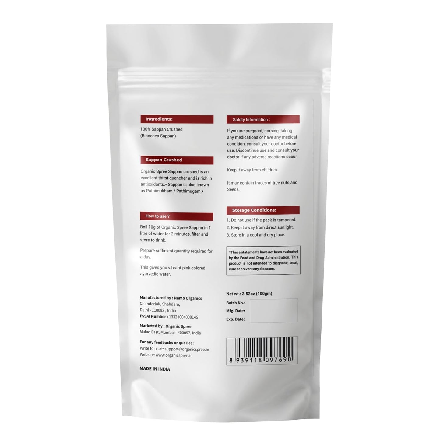 Organic Spree Sappan Wood Crushed 100Gm (3.52Oz) Biancaea Sappan - Pathimugam/Pathimukham - Herbal Drink Mix