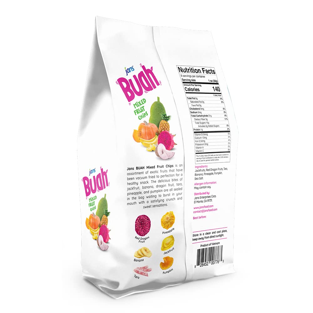 Jans Mixed Fruit Chips - Tropical Mix of Dragonfruit, Pineapple, Banana, Jackfruit, Taro, Pumpkin - 7 Oz - Non-GMO, Gluten Free, Vegan
