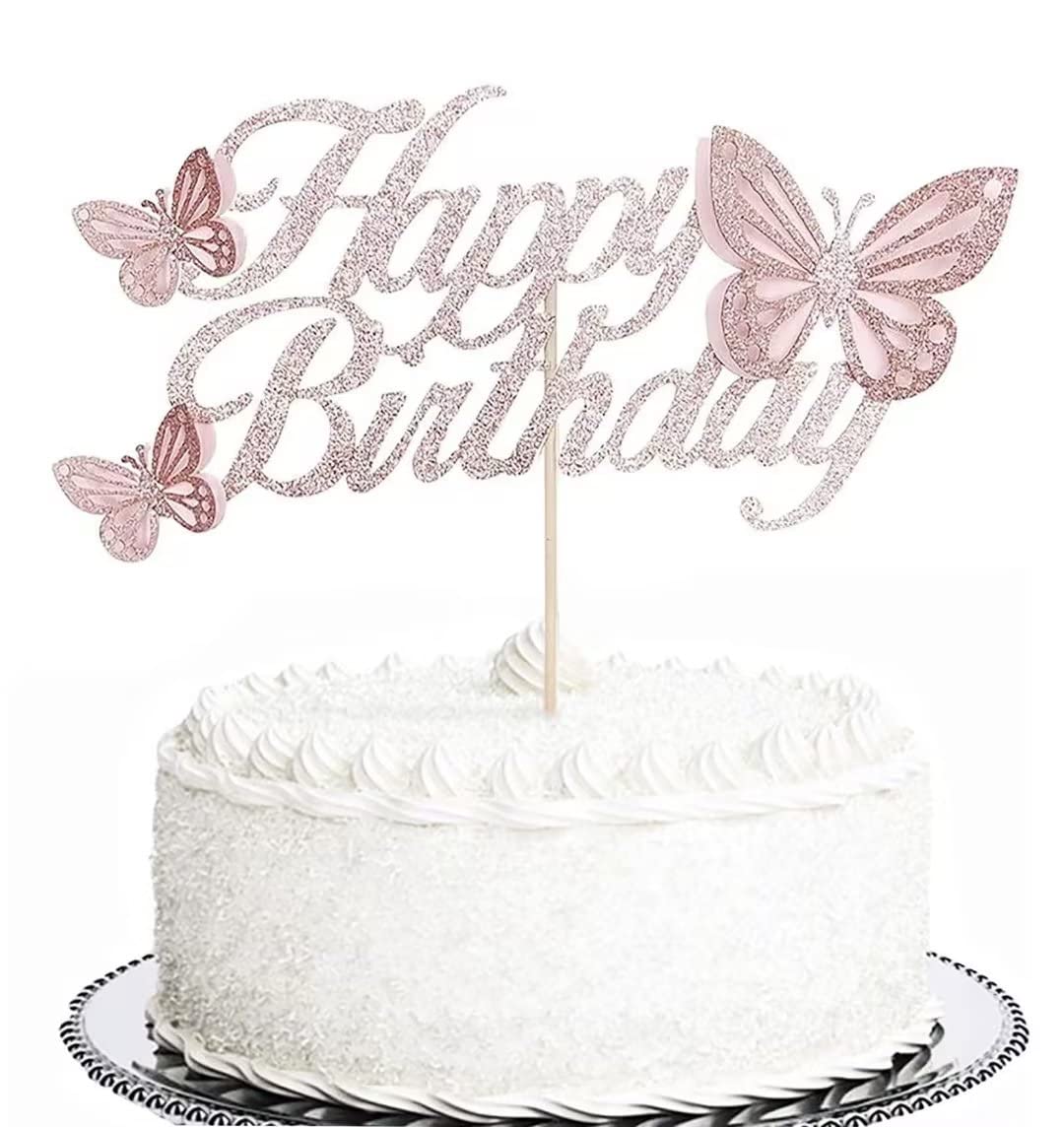 HaakLux Cake Topper Set, Glitter Double Sided Rose Gold Butterfly, 20 Pink Cupcake Toppers, Birthday Party Decor